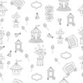 Seamless pattern circus outline. Circus with elements of carousel, awning, doll