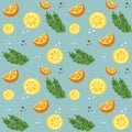 Seamless pattern with citrus decoration. Wallpaper with a pattern of slice orange, lemon and rosemary. Fruit citrus