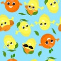 Seamless pattern citrus fruits lemon and orange in different poses, glasses, baseball cap. Fruits with faces.