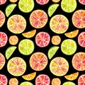 Seamless pattern of citrus slices orange, lemon, tangerine, lime on a black background Royalty Free Stock Photo