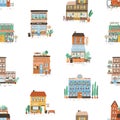 Seamless pattern with city commercial buildings in european style. Repeatable backdrop with shops, bakery and cafe. Flat