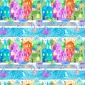Seamless pattern with city map,road,park,river and boat.