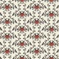 Seamless pattern with classic floral ornament and fox heads. On beige background