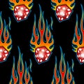 Seamless pattern with classic tribal hotrod muscle car flames and dice graphic isolated on black background. Royalty Free Stock Photo