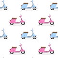Seamless pattern of the classic pink and blue moped. Royalty Free Stock Photo