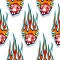 Seamless pattern with classic tribal hotrod muscle car flames and dice graphic isolated on white background. Royalty Free Stock Photo