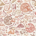 Seamless pattern with classical italian foods. Hand drawn illustrations of pizza