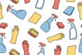 Seamless pattern of cleaning equipment in doodle style. Cleaning line icons. A line of hand-drawn equipment, cleaning Royalty Free Stock Photo