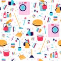 Seamless pattern with cleaning tools. Household equipment. Detergent bottles and washing machine. Vacuum cleaner. Decor