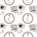 Seamless pattern with a clock `coffee time`, cups and books.