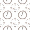 Seamless pattern with a clock `coffee time` cups and grains.