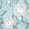 A seamless pattern with a clock, pine branches, pine cones, and beads. A hand-drawn monochrome line art graphic illustration with Royalty Free Stock Photo