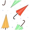 Seamless pattern with closed umbrellas and raindrops. Flat cartoon vector illustration.