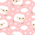 Seamless Pattern. Cloud star in the sky. Jumping sheep. Cute cartoon kawaii funny smiling baby character. Wrapping paper, textile