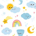 Seamless pattern cloud and sun. Background cartoon weather characters. Wallpaper with cute sunny cloudy sky, texture Royalty Free Stock Photo