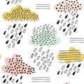 Seamless pattern with clouds and hand drawn shapes. Creative childish background for fabric, textile.