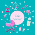 Baby shower style card with kids objects in pink, blue and turquoise colors.