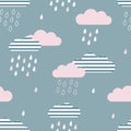 Seamless pattern of clouds and rain drops. Rainy background