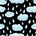 Seamless pattern with clouds and rain, drops.