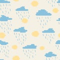 Seamless pattern, clouds, rain and sun created of rounded lines. Rainy, sunny day