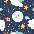 Seamless pattern with clouds, stars,constellations,on a dark background in cartoon style. Royalty Free Stock Photo