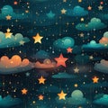 Seamless pattern of clouds, stars, and sky in dark hues (tiled) Royalty Free Stock Photo