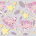 seamless pattern. Clouds stars weather objects pastel tone colors. cubes and ribbons
