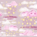 Seamless pattern. Clouds stars weather objects pastel tone colors