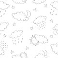 Seamless pattern with clouds, sun and moon, rain and snow. Hand drawn contour sketch. Background for poster, cover