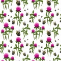 Seamless pattern of clover flowers and bees on white, hand drawn digital illustration Royalty Free Stock Photo