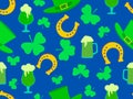 Seamless pattern with clover leaves, glasses of beer, leprechaun hat and horseshoes for St. Patrick\'s Day
