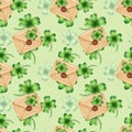 Seamless pattern with clover leaves. Green four leaf clover. Royalty Free Stock Photo