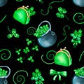 Seamless pattern of clover leaves. Watercolor illustration. Isolated on a black background.