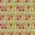 Seamless pattern with cocktails. Cocktail glasses on a green background. Royalty Free Stock Photo