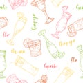 Seamless pattern with cocktails. Color outline on white background. Hand drawn elements in vector Royalty Free Stock Photo