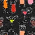 Seamless pattern with cocktails. Color outline on white background. Hand drawn elements in vector Royalty Free Stock Photo