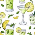 Seamless pattern with cocktails. Color outline on white background. Hand drawn elements in vector Royalty Free Stock Photo