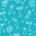 Seamless pattern with cocktails. Color outline on white background. Hand drawn elements in vector Royalty Free Stock Photo