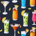 Seamless pattern with cocktails. Color outline on white background. Hand drawn elements in vector Royalty Free Stock Photo