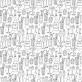 Seamless pattern with cocktails, drinks, bottle of champagne, cupcakes and lollipops.