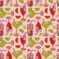 Seamless pattern with cocktails with straws and fruit. Royalty Free Stock Photo