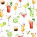 Seamless pattern with cocktails. Watercolor endless background with drink in glass isolated on white