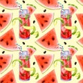 Seamless pattern with cocktails and watermelon  on color background.Watercolor hand drawn illustration Royalty Free Stock Photo