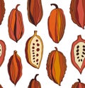 Seamless pattern with cocoa beans. Decorative vector colorful chocolate background.