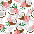 Seamless pattern coconut piece and palm leaves with pink hibiscus, Vector illustration