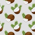 Seamless pattern, coconuts, coconut halves with milk splash and palm leaves. Tropical background, print, textile, wallpaper