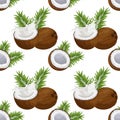 Seamless pattern, coconuts, coconut halves with milk splash and palm leaves. Tropical background, print, textile, wallpaper