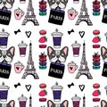 Seamless pattern coffe and macaroons. Eiffel tower. Surface design. Vector sketch illustration. A dog is holding a shopping bag