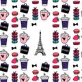 Seamless pattern coffe and macaroons. Paris style Eiffel tower. Surface design. Vector sketch illustration.