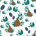 Seamless pattern. Coffee bag icon. Canvas bag, leaves, berries and fruits of coffee, coffee